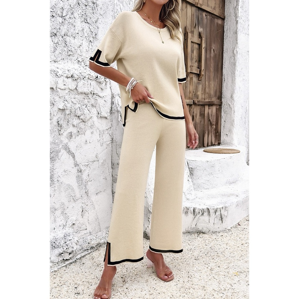 Two Pieces Outfits Knit Short Sleeve Wide Leg Lounge Sets - Picture 8 of 13